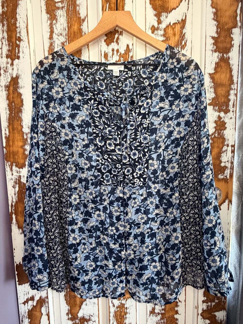 J.Jill Long Sleeve Lightweight Sheer Blouse Blue Floral Print Size 2X